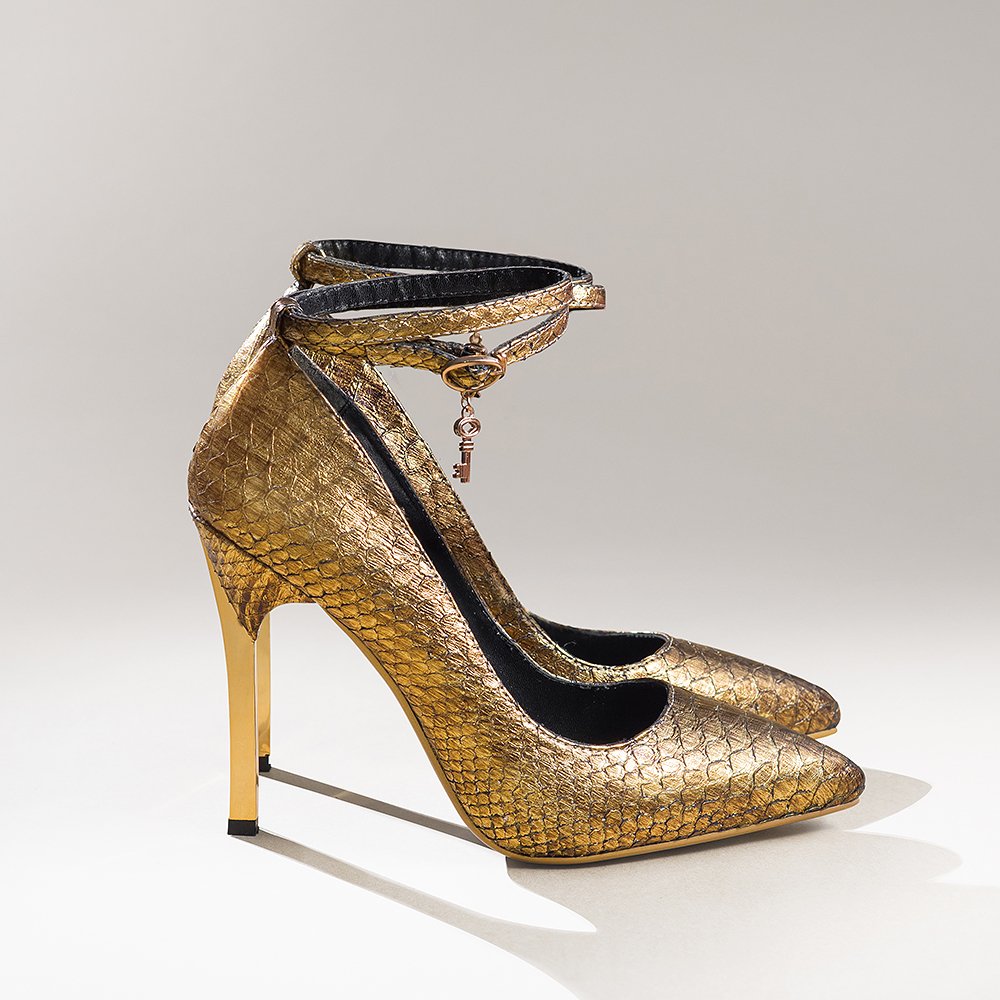 BRONZE GOLD SNAKESKIN HEELS