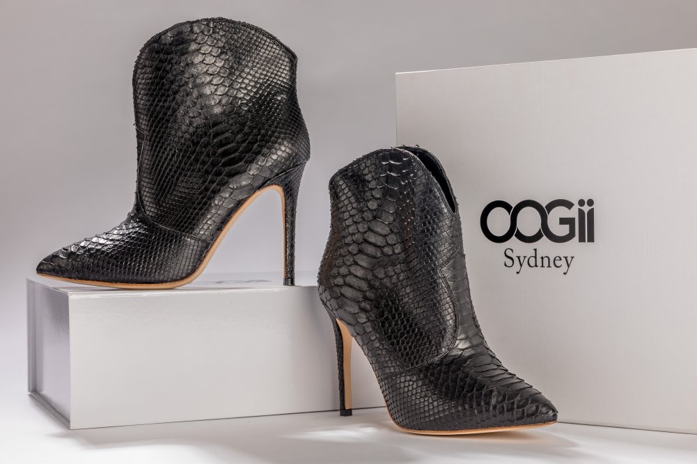 BLACK SNAKESKIN ANKLE BOOTS