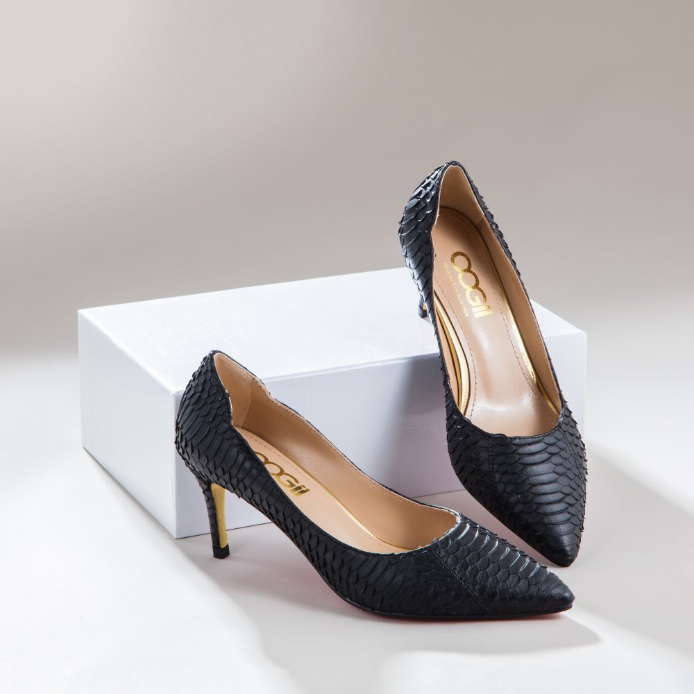 OOGII BLACK SNAKESKIN HEELS